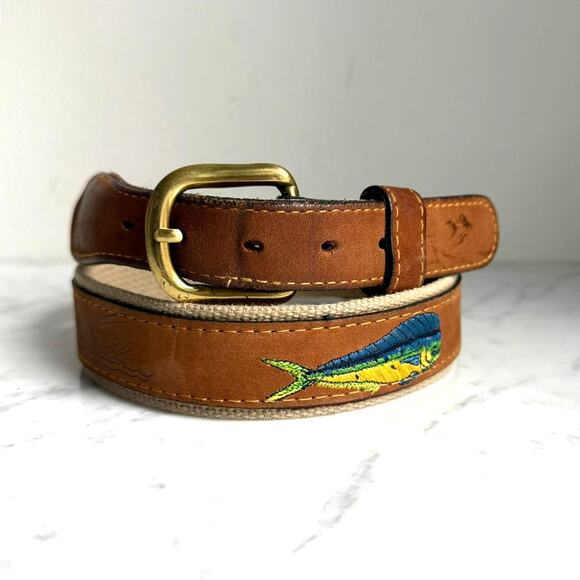 Zep-Pro USA Embroidered Fish Leather & Canvas Coastal Belt Men’s 32 - Picture 1 of 9